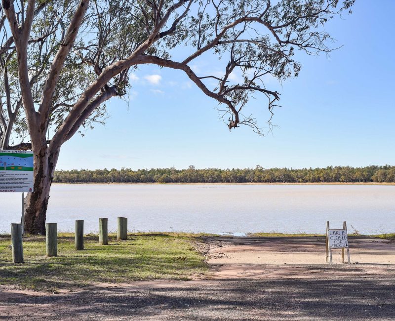 An outdoor scene looking out over a wide, calm body of water with a light, muddy, or pale gray-brown color.