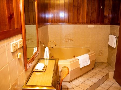 Nandewar Motor Inn bathroom featuring a large octagonal corner spa tub with a cream-colored basin and brass-toned fixtures, including the faucet.