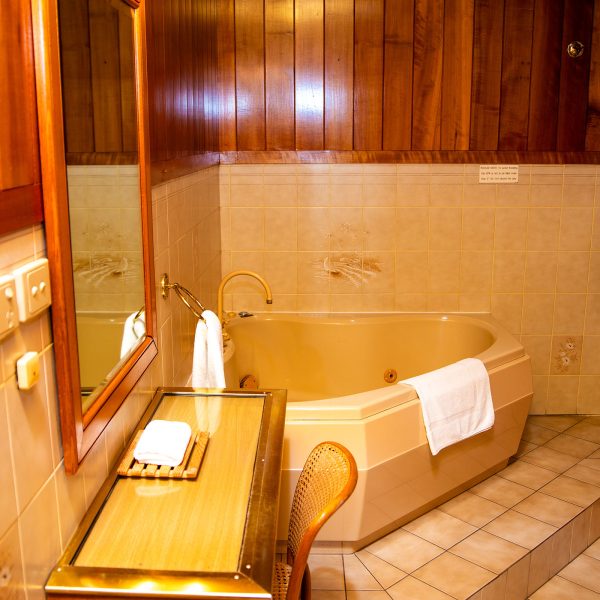 Nandewar Motor Inn bathroom featuring a large octagonal corner spa tub with a cream-colored basin and brass-toned fixtures, including the faucet.