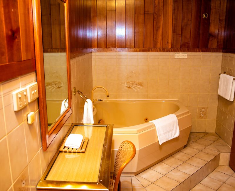 Nandewar Motor Inn bathroom featuring a large octagonal corner spa tub with a cream-colored basin and brass-toned fixtures, including the faucet.