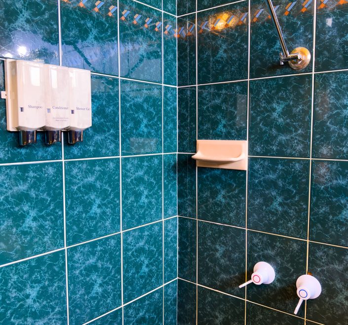 The interior of a shower is tiled with glossy, dark blue-green marbled square tiles and white grout.