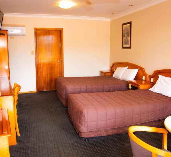 A view inside Nandewar Motor Inn room featuring two single or double beds with matching brown quilted bedspreads and white pillows.