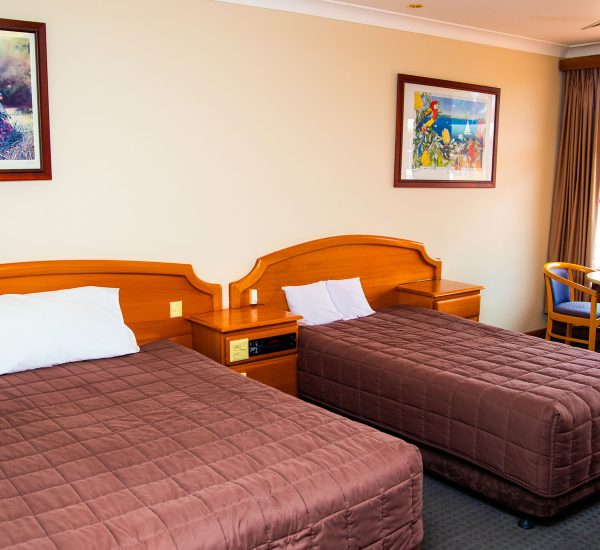 A view inside Nandewar Motor Inn's room featuring two single or double beds with matching brown quilted comforters and white pillows.