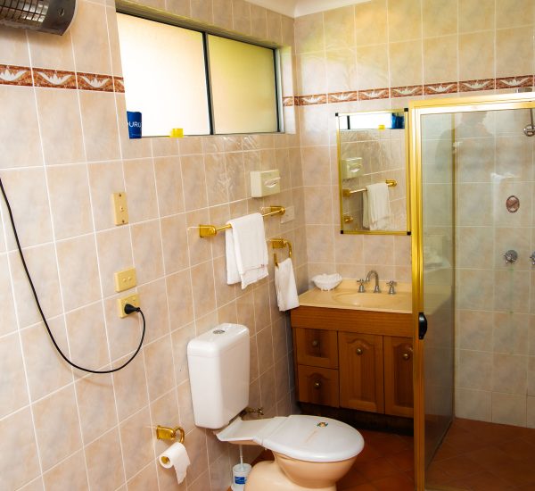 Nandewar Motor Inn bathroom with walls tiled in large, square, light beige marbled tiles featuring a decorative red and brown border.