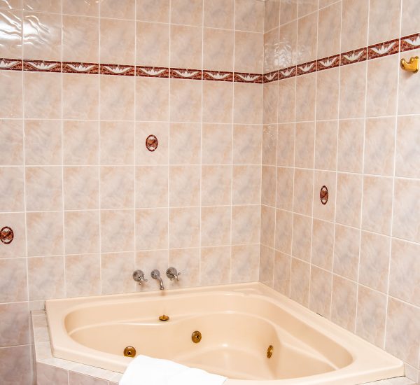A large, triangular corner spa tub with a light peach or beige basin is built into a tiled recess.