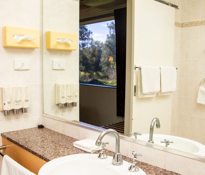 A bathroom vanity with a white drop-in sink and chrome fixtures, set into a counter with a speckled brown and white granite-look top.