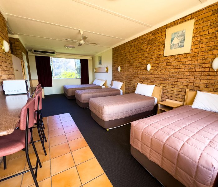 A wide-angle view of Nandewar Motor Inn room containing four beds lined up along a wall.