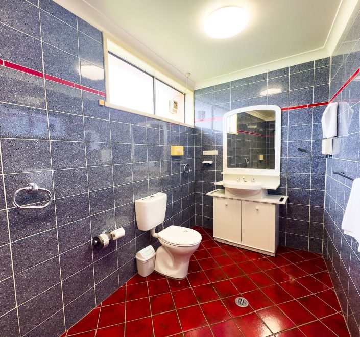 A large bathroom with walls covered in dark blue or gray marbled square tiles with white grout.